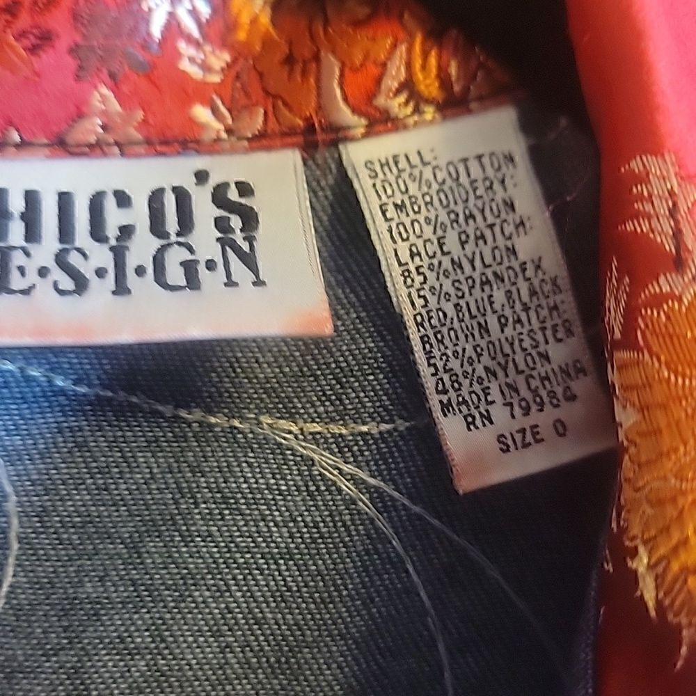 Chico's-Denim patched jacket with red & royal colors, buttoned down front S=6 . - Picture 5 of 10